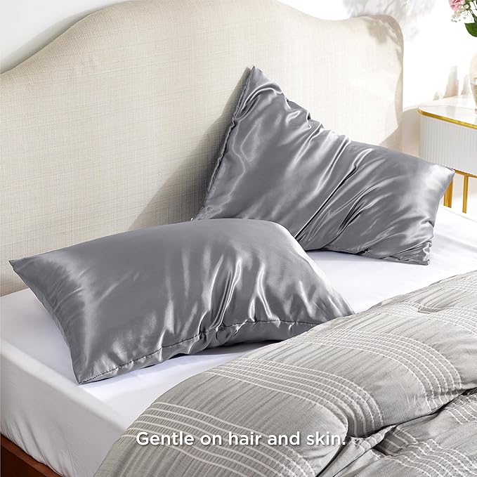 Bedsure Satin Pillowcase with Zipper, Similar to Silk Pillow Cases 2 Pack, Satin Pillow Cases Queen, Silky & Soft Bedding Pillow Covers for Hair & Skin, Gifts for Women Men, Drak Grey, 20x30 Inches