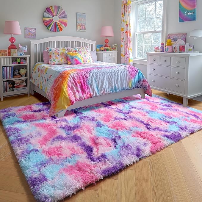 Amdrebio Hot Pink Rainbow Area Rug for Girls Bedroom 6x9, Large Fluffy Cute Fuzzy Colorful Pastel Kids Rugs for Nursery Playroom Classroom, Shaggy Princess Carpet for Baby Toddler Teen, Home Decor