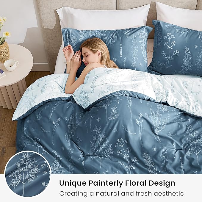 Love's cabin Bluish Grey Twin Comforter Set - Twin XL Size Comforter Set Dorm Bedding, 2 Pieces Cute Floral Bedding, Reversible Flowers Comforter, 1 Comforter & 1 Pillow Sham
