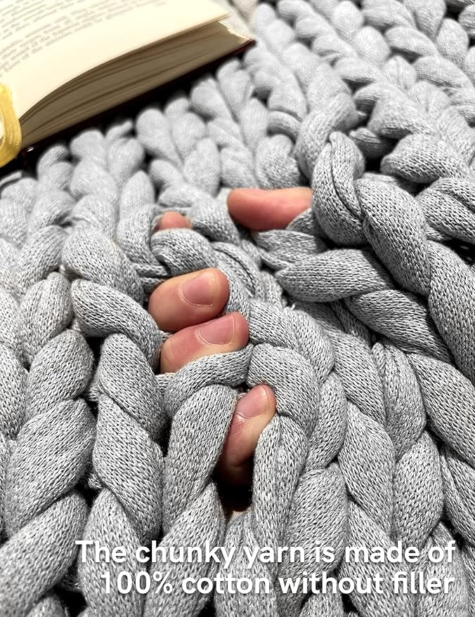 YnM 100% Cotton Weighted Blanket, Handmade Chunky Knitted Throw, No fillers Design, Soft and Breathable, Machine Washable Bed Blanket for Sleep or Home Decor (Lighte Grey, 60x80 Inch, 25lbs)