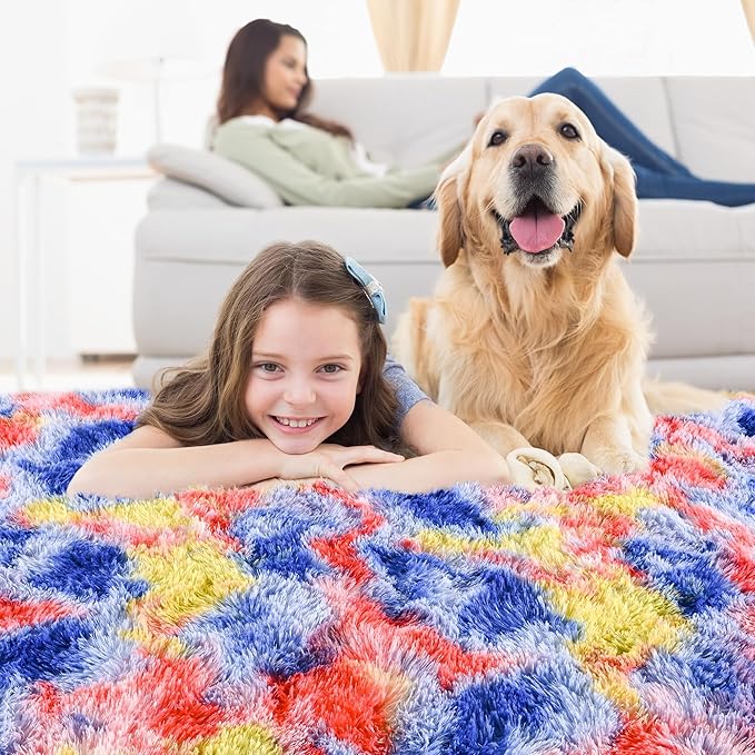 Noahas Rainbow Rug, 4x6 Feet, Blue/Yellow, High Pile, Machine Made, Non-Slip Grip, Machine Wash, Girls Room Decor