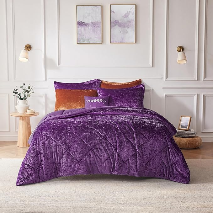 Intelligent Design Twin Comforter Set, Velvet Comforter Set , Luxury Diamond Quilting Comforter Set, Fluffy Comforter Bed Set with Decorative Pillowand 1 Sham, 3 Piece Purple, Twin/Twin XL