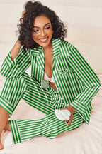 Ekouaer Womens Silk Satin Pajama Sets 2 Piece Sleepwear Pjs Set Long Sleeve Button Down Top and Pants Stripe Loungewear S-XXL