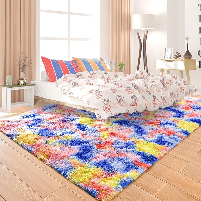 Noahas Rainbow Rug, 4x6 Feet, Blue/Yellow, High Pile, Machine Made, Non-Slip Grip, Machine Wash, Girls Room Decor