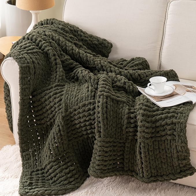 Bunnikins & Clover Olive Green Throw Blanket for Couch, Chunky Knit Blanket Throw with Chenille Yarn for Bed Living Room Home Decor, 50"x60"
