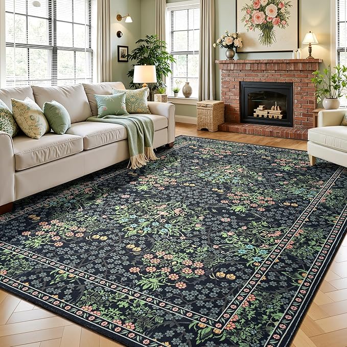 Lessymo Living Room Rug 5x7, Soft Non Slip Washable Area Rugs for Bed Room Dining Room, Faux Wool Boho Low Pile Stain Resistance Distressed Retro Indoor Boho Carpet, Dark Green