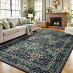 Lessymo Living Room Rug 5x7, Soft Non Slip Washable Area Rugs for Bed Room Dining Room, Faux Wool Boho Low Pile Stain Resistance Distressed Retro Indoor Boho Carpet, Dark Green
