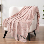Pavilia Blush Pink Chenille Throw Blanket for Couch & Bed, Soft Knit Woven with Tassels, Textured for Living Room, 60x80