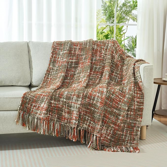 Multi-Color Orange Cable Woven Throw Blanket for Couch,60"X80" Boho Style Textured Blankets for Home Decor,Super Soft Warm Cozy Chunky Blanket with Decorative Tassels for Bed and Sofa