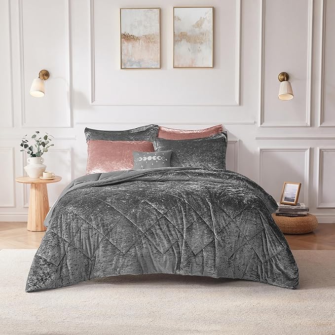 Intelligent Design Twin Comforter Set, Velvet Comforter Set , Luxury Diamond Quilting Comforter Set, Fluffy Comforter Bed Set with Decorative Pillowand 1 Sham, 3 Piece Grey, Twin/Twin XL