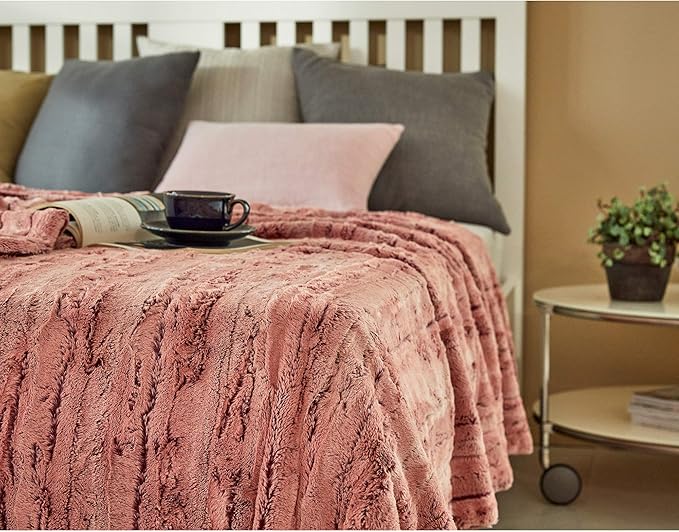 MHD l [Made in Korea] Premium Faux Fur Throw Blanket :Luxury Double-Sided 15mm Microfiber Blanket, 800 GSM :Dusty Rose, 60" x 79"
