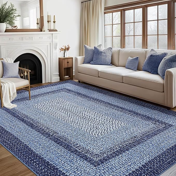 RUGSREAL 8x10 Braided Print Area Rug Washable Rug Non Slip Farmhouse Rustic Floor Carpet Boho Dining Room Carpet Modern Geometric Throw Floor Cover Bohemian Border Rug for Living Room Bedroom, Navy