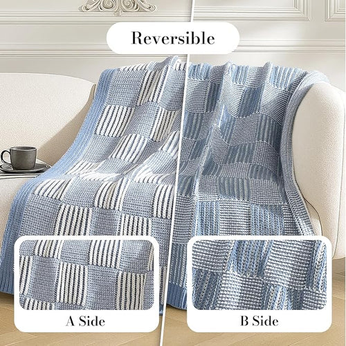 Amélie Home Knit Throw Blanket, Soft Chenille Cozy Breathable Pineapple Chunky Decorative Blanket for Couch, Bed & Sofa, French-Inspired Lightweight Warm Gift for Women, Washed Blue, 50"x60"