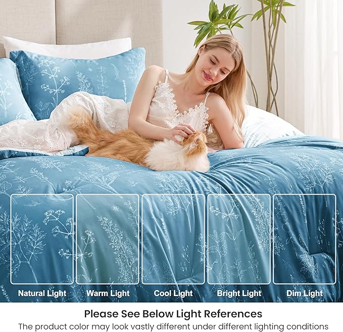 Love's cabin Mineral Blue Twin Comforter Set - Twin XL Size Comforter Set Dorm Bedding, 2 Pieces Cute Floral Bedding, Soft Reversible Flowers Comforter, 1 Comforter & 1 Pillow Sham
