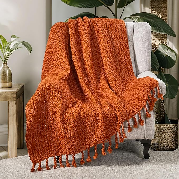Home Soft Things Chunky Knit Basket Weave Throw Blanket 50"x60" - Boho Soft Microfiber with Braided Tassels - All Season Cozy Decorative Throw for Couch, Sofa, Bed, Indoor & Outdoor - Rust
