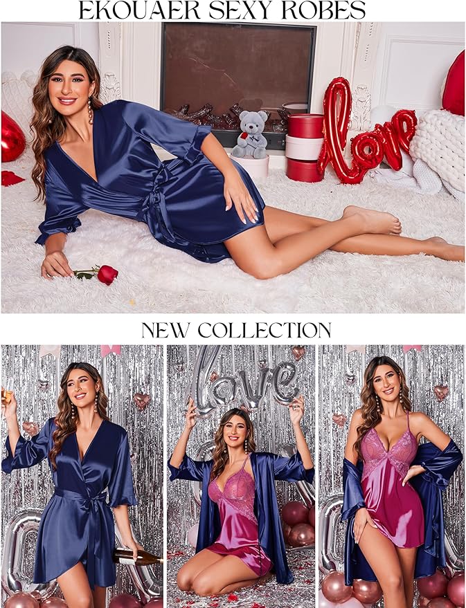Ekouaer Women's Satin Robe Valentines Lingerie for Women Kimono Bathrobe Short Ruffle Belted Robes Bridesmaids Sleepwear