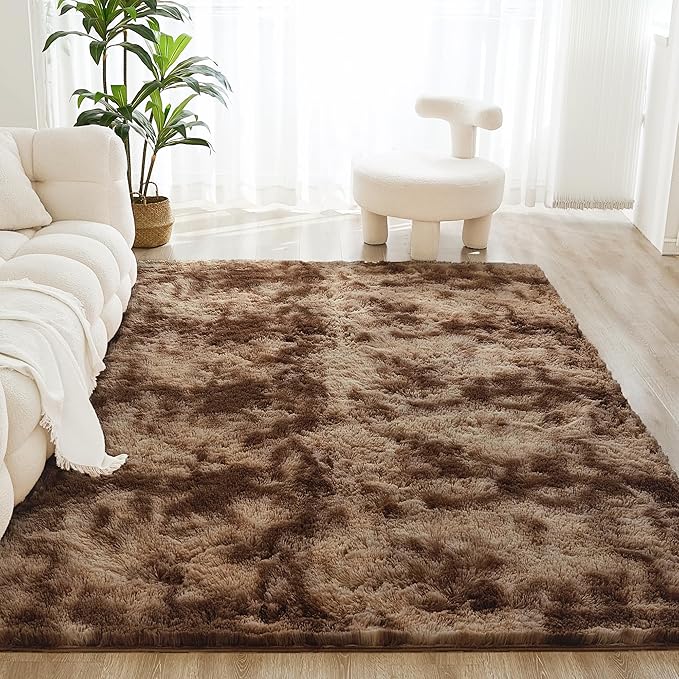 Litanika 8x10 Shag Area Rug for Living Room Bedroom, Tie-Dyed Brown High Pile Soft Plush Shaggy Furry Bedside Playroom Dorm Carpet, Non-Slip, Non-Shedding Modern Indoor Floor Rug