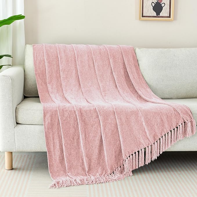 Chenille Throw Blanket for Couch with Tassels,50"X60" Soft Cozy Lightweight Knitted Boho Decorative Blankets for Bed and Sofa,Pink