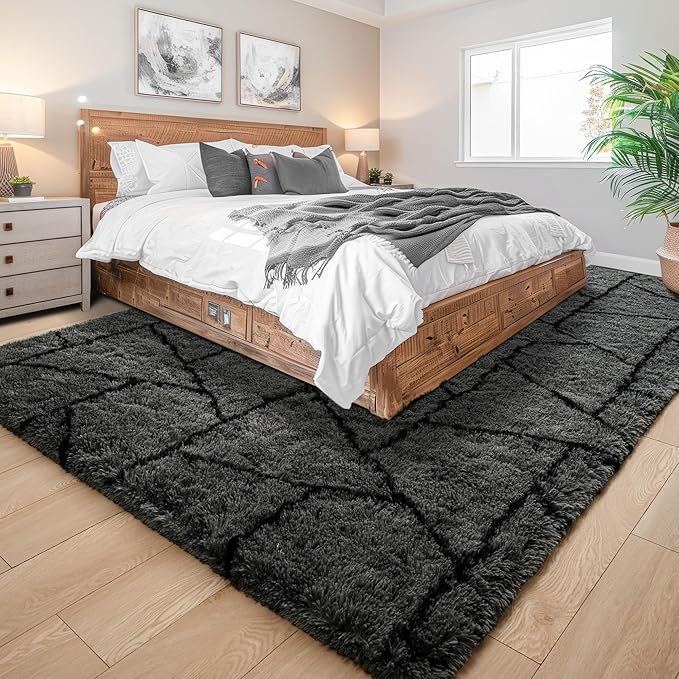 Noahas Fluffy 4x6 Area Rugs for Bedroom Living Room,Plush Dark Grey Thick Shag Throw Floor Carpet,Soft Shaggy Bedside Non-Slip Dorm Nursery Kids Rug