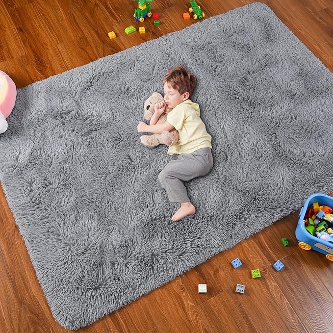 Softlife Area Rug for Living Room, Fluffy Shag Plush 5.3x7.6 Grey Rugs for Bedroom Girls, Shaggy Soft Fuzzy Kids Large Carpet for Dorm Bedside Ultra Cozy Non-Slip Indoor Decor