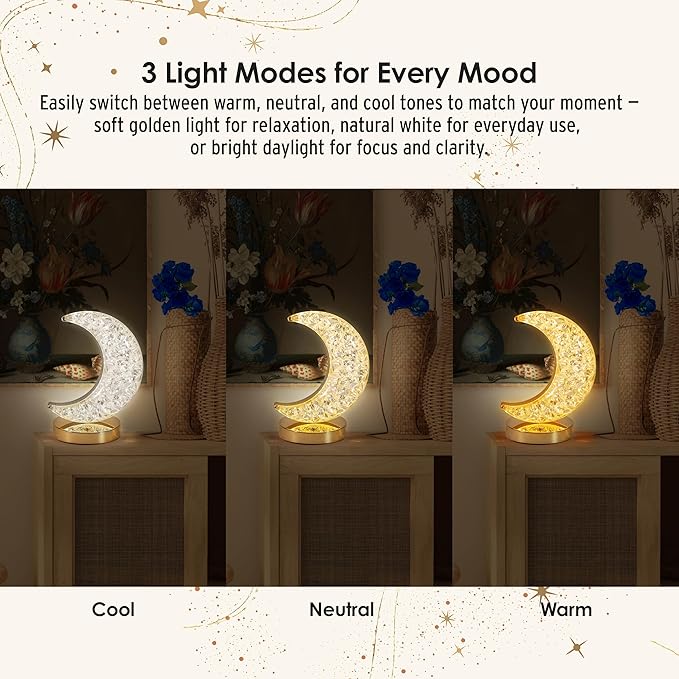 Luze ZE Crescent Moon Desk Lamp - Rechargeable Touch Lamp, 3 Brightness Levels, Dimmable Night Light for Bedroom & Kids Room, USB Rechargeable Bedside Lamp, Warm Light, Portable, Metal & Plastic