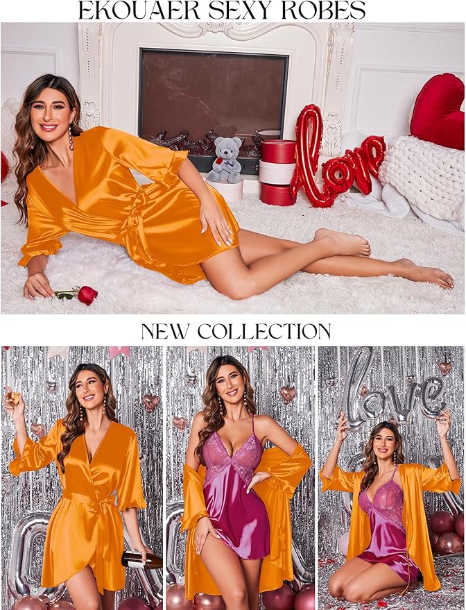 Ekouaer Women's Satin Robe Valentines Lingerie for Women Kimono Bathrobe Short Ruffle Belted Robes Bridesmaids Sleepwear