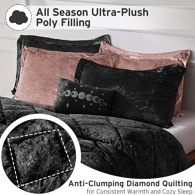 Intelligent Design King Comforter Set, Velvet Comforter Set , Luxury Diamond Quilting Comforter Set, Fluffy Comforter Bed Set with Decorative Pillowand 2 Shams, 4 Piece Black, King/ Cal King