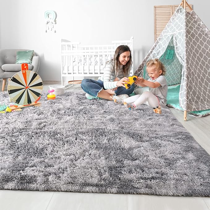 ISEAU Super Soft Rugs for Bedroom Shaggy Area Rug, 3x5 Feet Tie-Dye Shaggy Carpet Mats for Dorm, College, Apartment, Living Room, Non-Slip Abstract Fuzzy Rugs for Girls Boys Kids Room, Light Grey