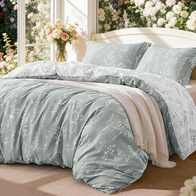 Love's cabin Grey Full Size Comforter Set - Full Comforter Set, 3 Pieces Cute Floral Bedding Sets for All Seasons,1 Soft Reversible Botanical Flowers Comforter and 2 Pillow Shams