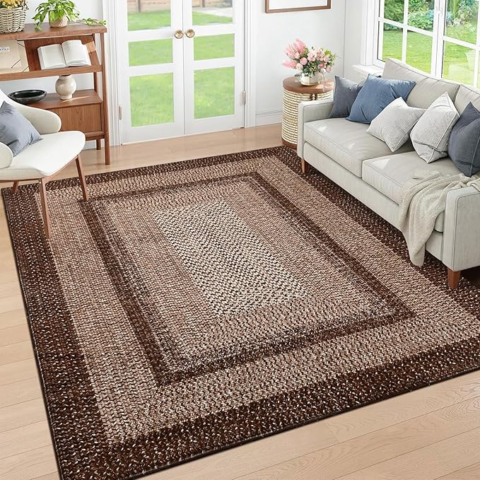 RUGSREAL Boho Rug 4x6 for Bedroom Machine Washable Rug Braided Print Floor Cover Indoor Non Slip Throw Carpet Farmhouse Rustic Accent Rug Moroccan Carpet for Living Room Home Decor, Brown