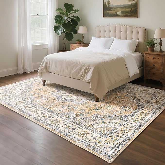 CRYPTOLITE 9x11 Area Rug for Living Room, Modern Washable Rug Non Slip Low Pile Large Area Rugs for Living Room, Bedroom, Farmhouse, Dining Room,Beige