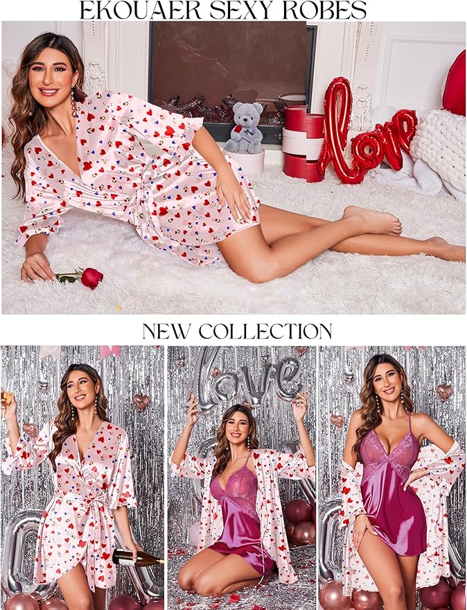 Ekouaer Women's Satin Robe Valentines Lingerie for Women Kimono Bathrobe Short Ruffle Belted Robes Bridesmaids Sleepwear