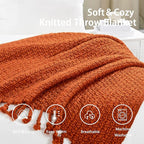 Chunky Knit Throw Blanket with Braided Tassels 50" x 60", Hand Knitted Soft Thick Yarn Basket Weave Boho Farmhouse Blanket, Plush Fluffy Tassel Decor Throw for Couch Bed Sofa, Rust Orange