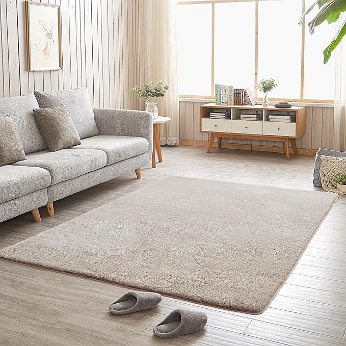 Tititex Luxury Collection Area Rug 2'x3' Soft Fur Fluffy Bedside Rug, Furry Shag Shaggy Non Slip Floor Rugs Washable 1.18' High-Pile Plush Carpet for Nursery Bedroom Living Room Decor, Brown Grey