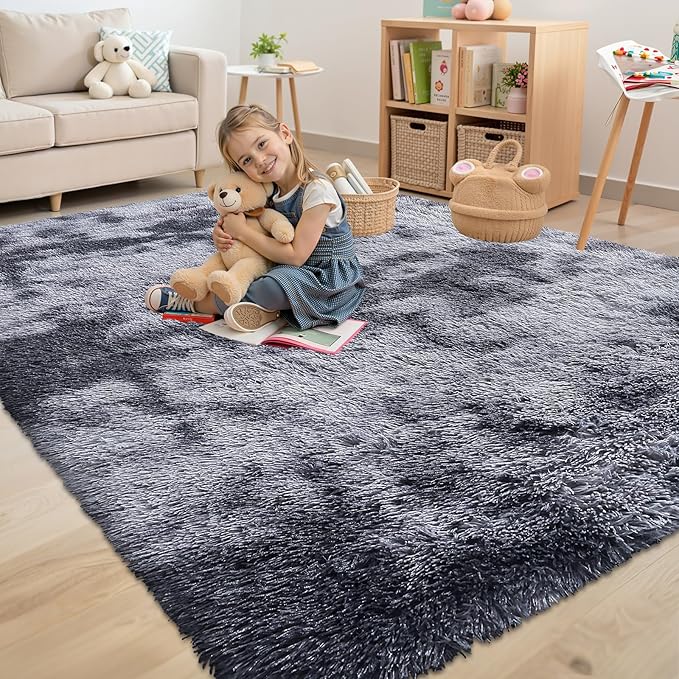 OLANLY Area Rugs for Living Room Bedroom, Machine Washable 4x5.9 Feet Soft Fluffy Shaggy Bedside Rug, Indoor Floor Carpet for Kids Girls and Boys, Dorms, Home Decor Aesthetic, Light Grey Tie-dye