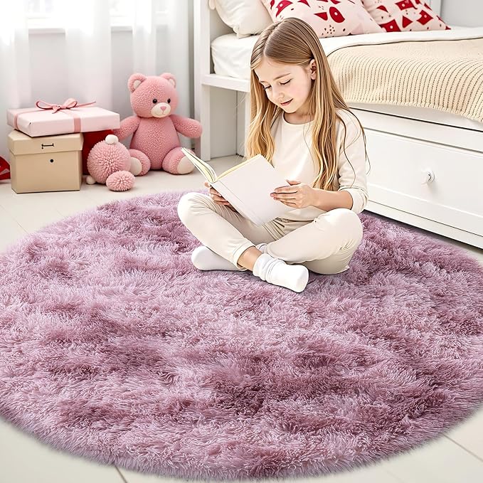 OLANLY Dusty Pink Tie-dye Round Rugs for Bedroom - Machine Washable, 4x4 Feet Circle Area Rugs for Living Room, Soft and Fluffy Shaggy Carpet for Teen Girls and Boys, Dorms, Home Decor Aesthetic