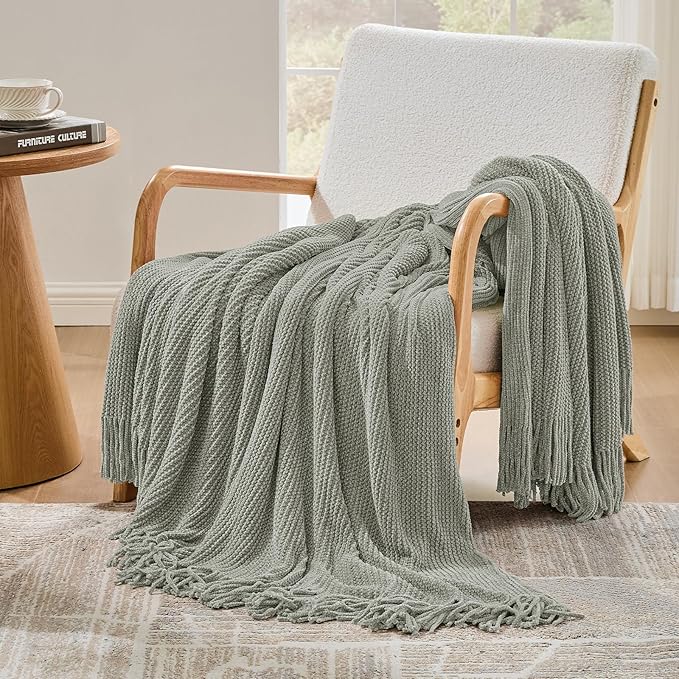 inhand Throw Blanket for Couch Bed,Chunky Chenille Woven Soft Blankets with Tassels, Cozy Boho Farmhouse Fall Winter Decor,Warm for Women,60"x80",Medium Thick-Light Grey