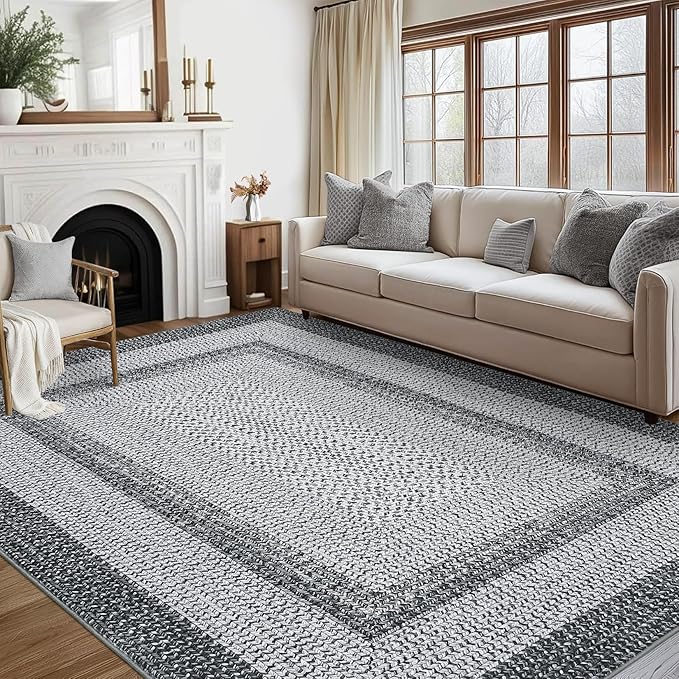 RUGSREAL Boho Rug 4x6 Bedroom Machine Washable Rug Braided Print Indoor Non Slip Throw Carpet Moroccan Area Rugs Stain Resistant Farmhouse Rustic Accent Rug for Living Room Home Decor, Grey