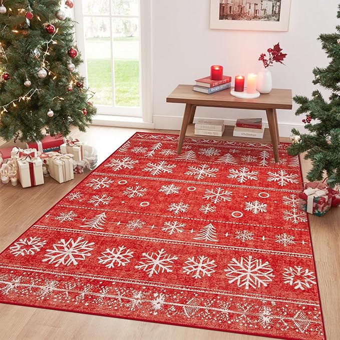 XLUEZ Area Rug 4x6 Christmas Rugs, Machine Washable Boho Christmas Tree Snowflake Rug Non-Slip Soft Low Pile Holiday Indoor Rugs for Bedroom Kitchen Dining Room Office(Xmas Red, 4'x6')