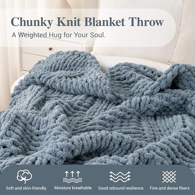 Bunnikins & Clover Dusty Blue Throw Blanket, Handmade Chenille Cable Chunky Knit Throw for Couch, Blue Grey Throw Blanket for Home Decor, 50"x60"