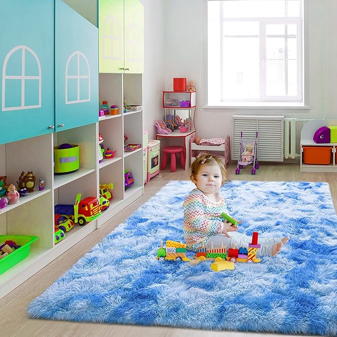 Noahas 6x9 Area Rugs for Living Room,Tie-Dyed Blue Area Rug,Big Shaggy Rugs for Bedroom,Fluffy Large Carpet,Soft Kids Rug Non Slip Reduce Noise Room Decor