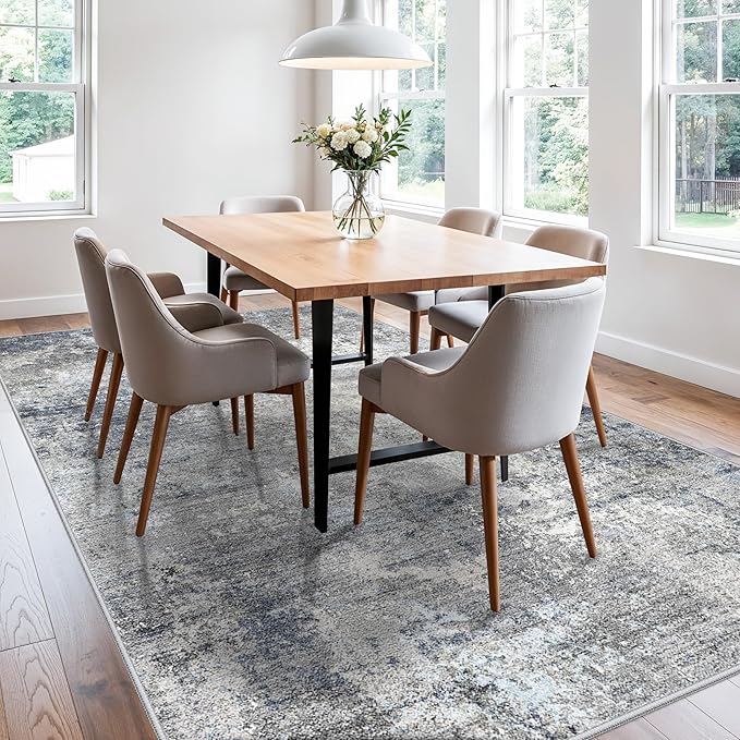 6x9 Washable Living Room Rug – Modern Neutral Abstract Large Indoor Area Rug for Bedroom Dining Room – Non-Slip, Soft, Low-Pile, Thin, Stain-Resistant Indoor Carpet（Blue Grey,6x9）
