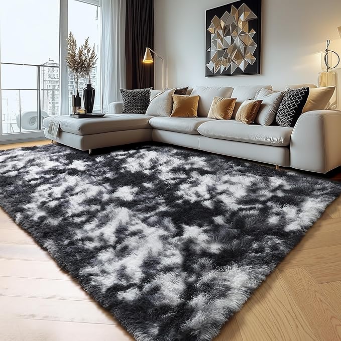 Amdrebio Black White Grey Rugs for Living Room Bedroom, 9x12 Big Fluffy Shaggy Furry Area Rug for Kids Room Apartment Home Decor, Fuzzy Shag Plush Floor Modern Cool Huge Large Carpet for Men Teen Boys