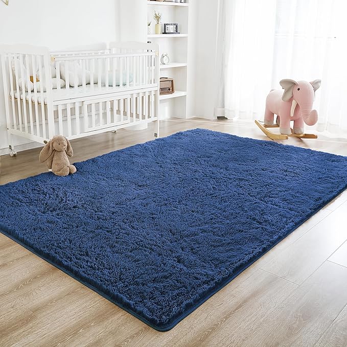 Litanika 9x12 Shag Area Rug for Living Room Bedroom, Dark Blue High Pile Soft Plush Shaggy Furry Bedside Playroom Dorm Carpet, Non-Slip, Non-Shedding Modern Indoor Floor Rug