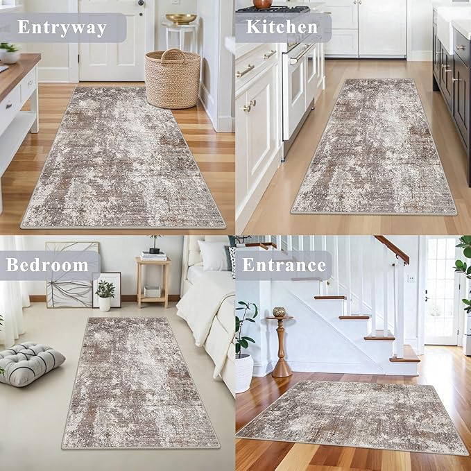 4x6 Washable Kitchen Rug –Non-Slip Small Area Rug for Bedroom, Entryway, Living Room, Office – Soft Modern Abstract Neutral Indoor Carpet (Brown Beige,4x6)