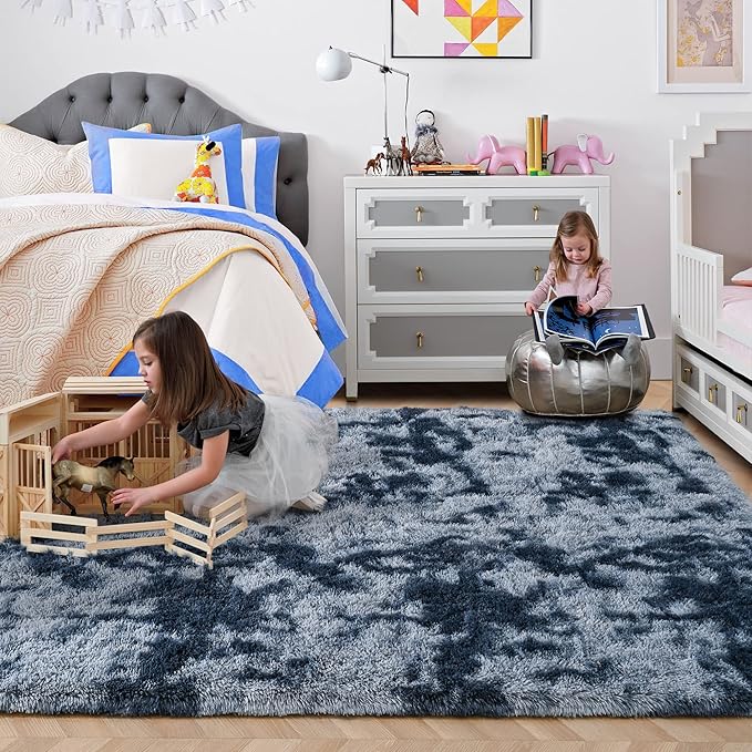 ISEAU Super Soft Rugs for Dorm, College, Apartment, Bedroom Shaggy Area Rug, 3x5 Feet Tie-Dye Carpet Fluffy Mats for Living Room, Non-Slip Abstract Fuzzy Rugs for Girls Boys Kids Room, Dark Blue