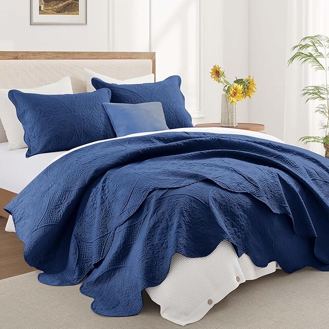 IR Imperial Rooms 8 Pack Quilt King Size Bedding (106" x 96") - Bulk Wholesale for Hotels, Guest Bedroom & Airbnbs - Lightweight Microfiber Reversible Floral Embossed Quilts Bedspreads (Navy)