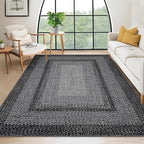 RUGSREAL 10x13 Large Living Room Rug Braided Print Boho Accent Throw Carpet Farmhouse Rustic Rug with Rubber Backing Geometric Bordered Area Rug Bohemian Carpet for Bedroom Home Decor Office, Black
