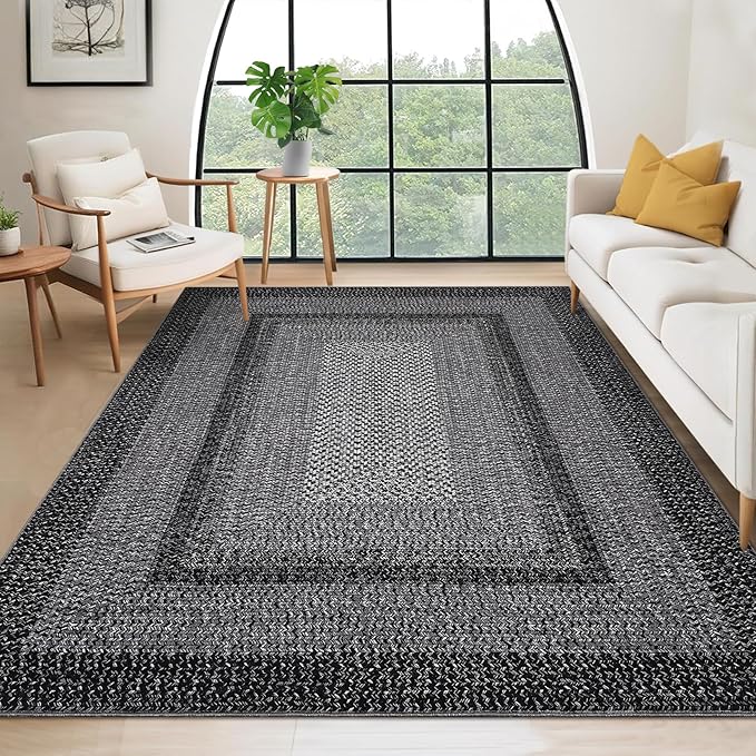 RUGSREAL 8x10 Washable Area Rug for Living Room with Rubber Backing Boho Rug Stain Resistant Large Bedroom Throw Carpet Modern Geometric Floor Cover Bohemian Border Rug for Home Decor Office, Black