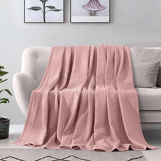 Elegant Comfort Premium 100% Cotton Waffle Blanket - Lightweight Breathable Waffle Weave Bed Blanket - Soft and Warm All Season Blanket for Couch, Sofa and Bed, Queen Size 90x90 Inches, Dusty Rose
